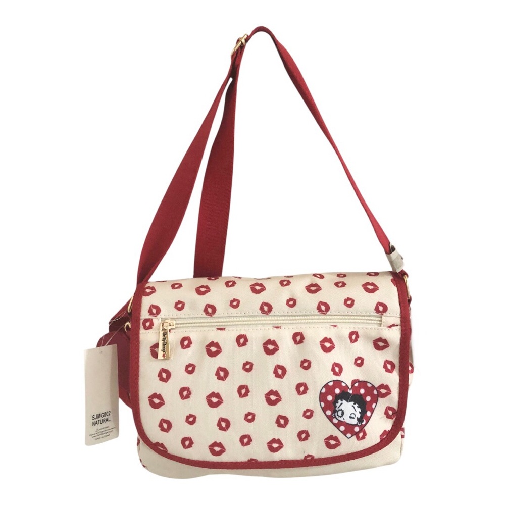 Betty Boop cream canvas red lips flap closure woven red strap crossbody bag new